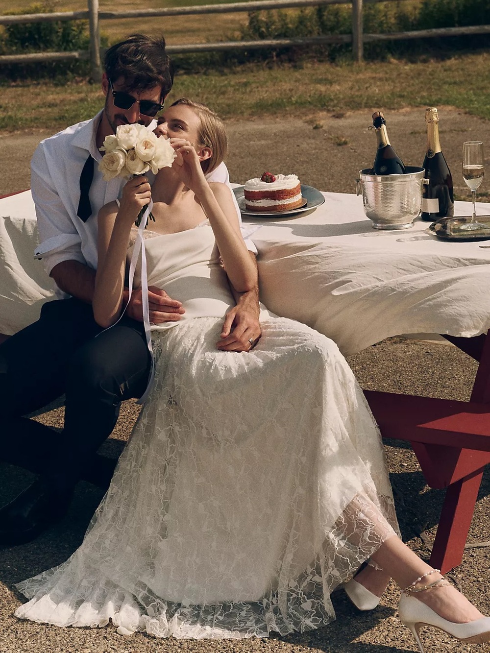 AMUR White Lace Strapless Wedding Dress with Subtle Train
